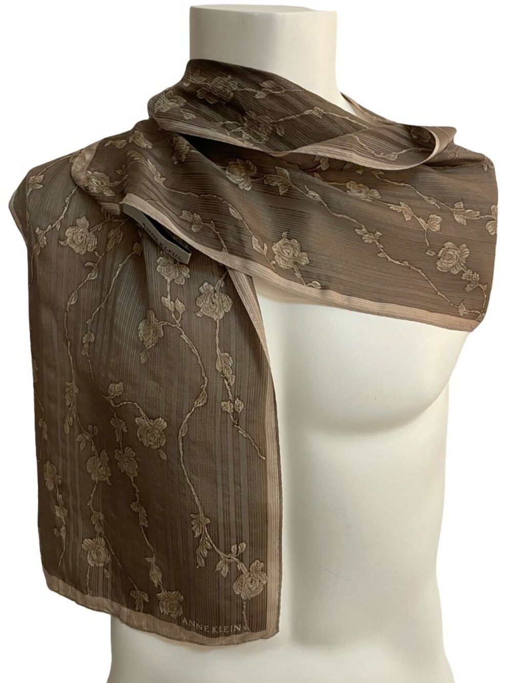Anne Klein Silk Scarf Brown Floral Oblong Lightweight Elegant